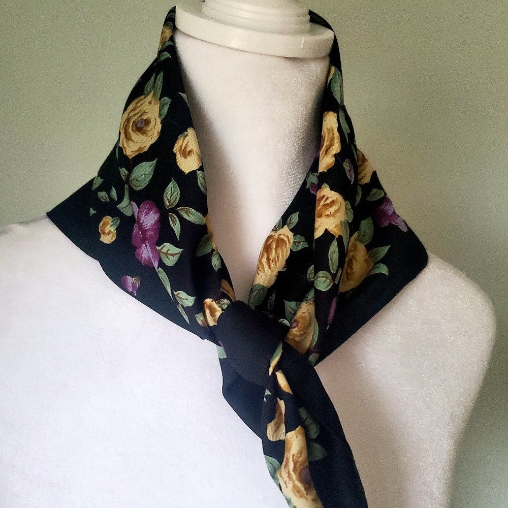 Black Ditsy Floral Square Neck Scarf Handbag Foulard Purple Yellow Roses Pansies